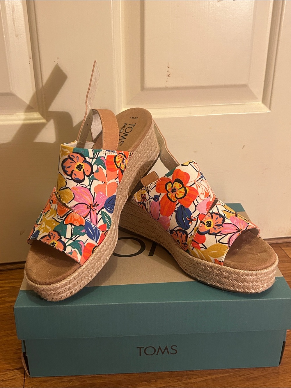 TOMS Floral Espadrille Wedge Sandal in Orange, Pink, Yellow, Blue